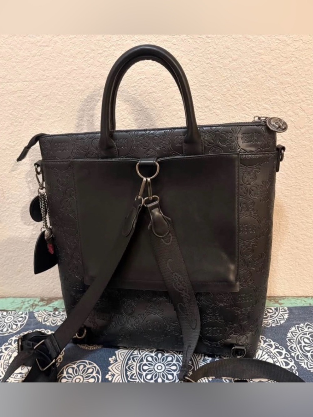 Ed Hardy Blk Faux Leather Backpack Tote w/ Matching Wallet - Picture 3 of 3